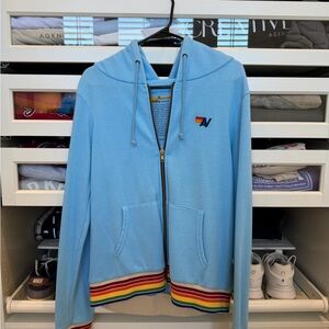 Limited Blue Aviator Nation Zip-Up Hoodie with Rainbow Trim